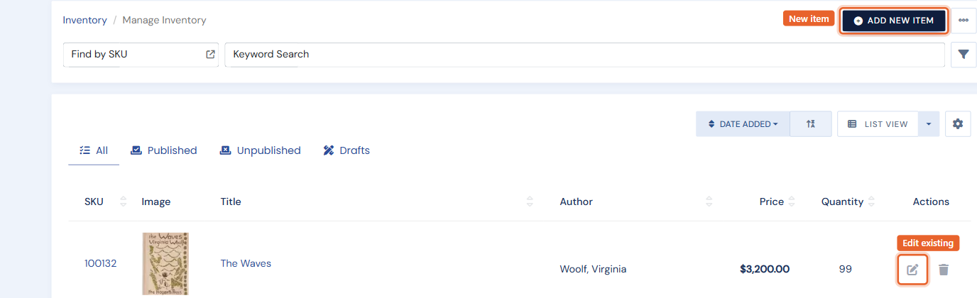The Manage Inventory list with the Add New Item button and a row's Edit icon highlighted