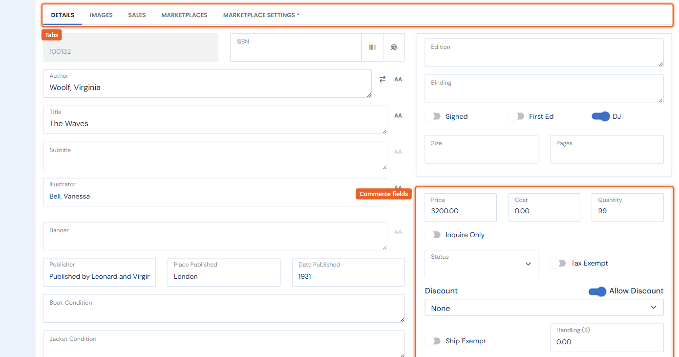The edit form with the tab strip and the right-hand commerce column highlighted