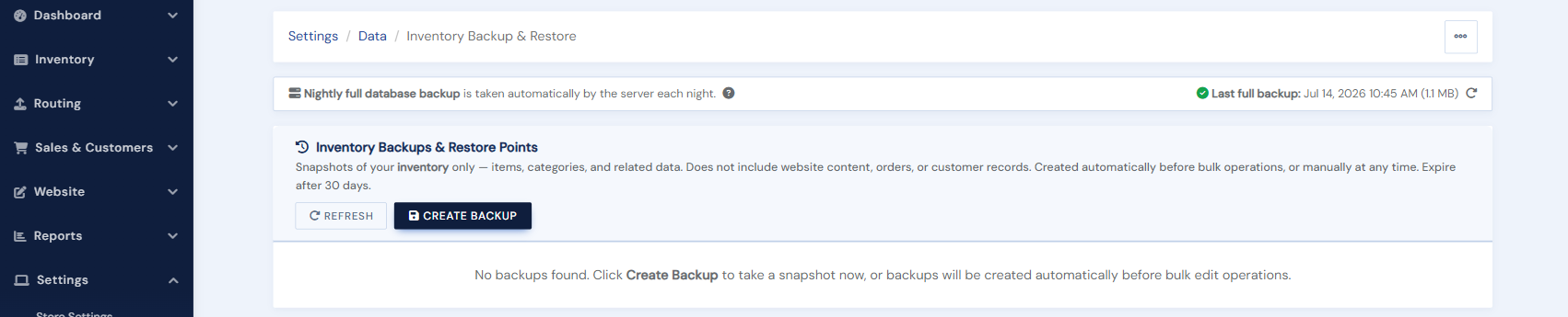 The Inventory Backup & Restore page: nightly full-backup status and the Create Backup control