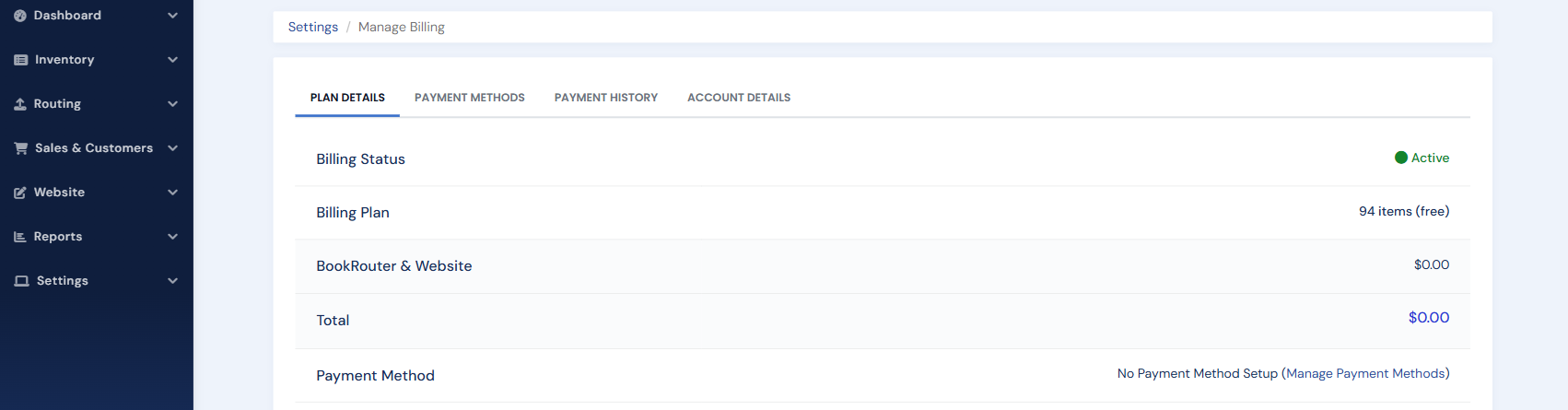 The Manage Billing page: plan details, current total, payment method, and payment-history tabs
