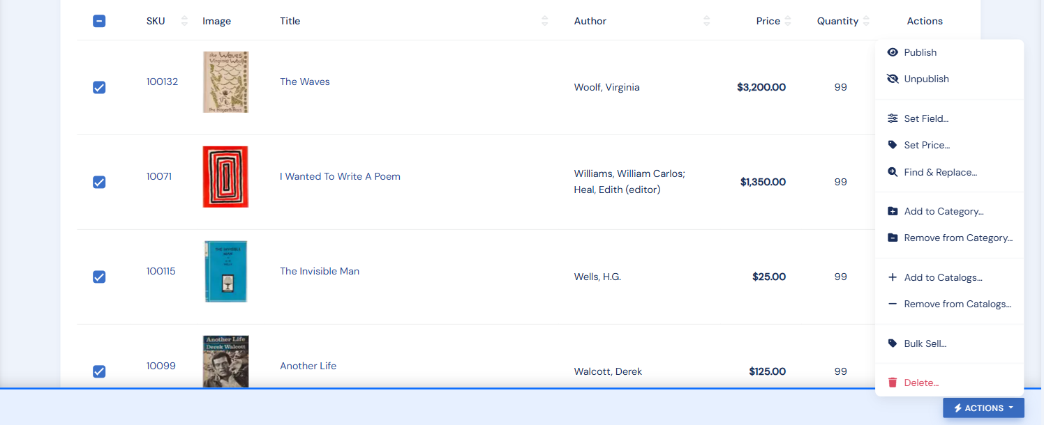 Bulk Edit: a checkbox column on the inventory list and the Actions menu open with Set Price, Find & Replace, Add to Catalogs, Bulk Sell, and more