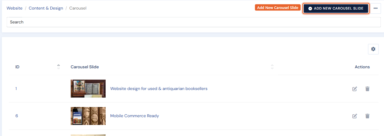 The Carousel page with the Add New Carousel Slide button