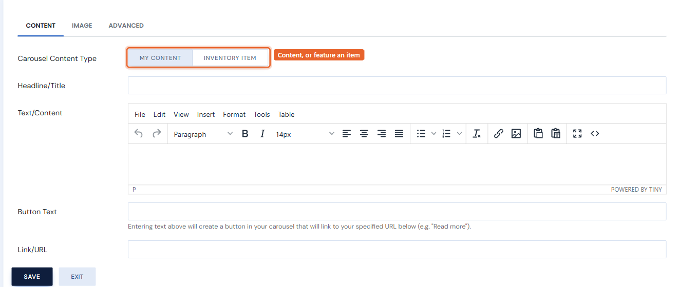 The Add Carousel Slide Content tab: content-type toggle, headline, text editor, button, and link