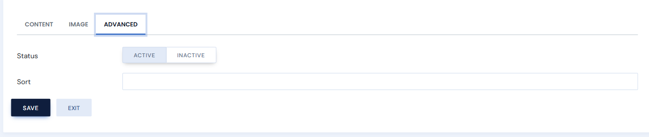 The Advanced tab with the Status toggle (Active/Inactive) and the Sort field