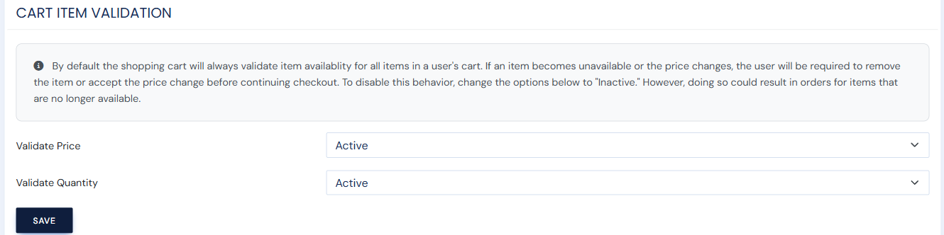 The Cart Item Validation section with the Validate Price and Validate Quantity options