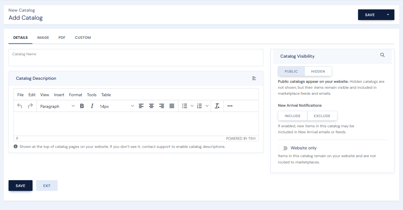 The Add Catalog form, Details tab