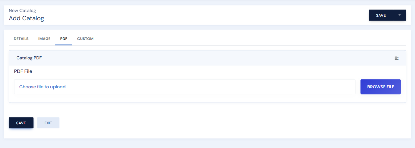 The catalog PDF tab with the file upload control