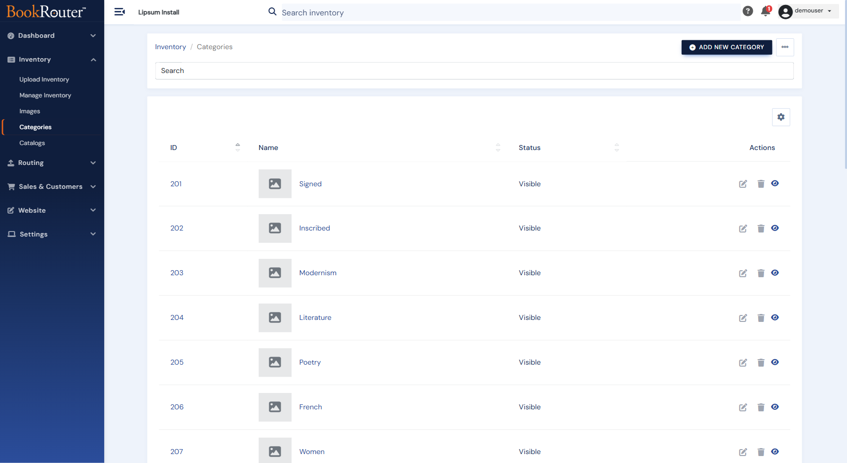 The Categories list showing ID, Name, Status, and Actions columns