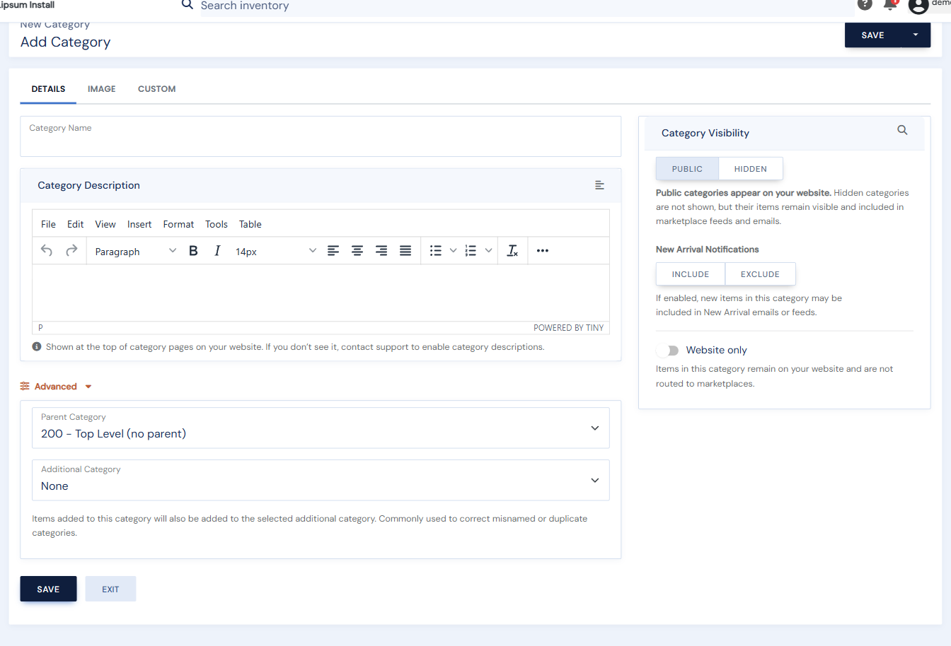 The Advanced section with Parent Category and Additional Category dropdowns