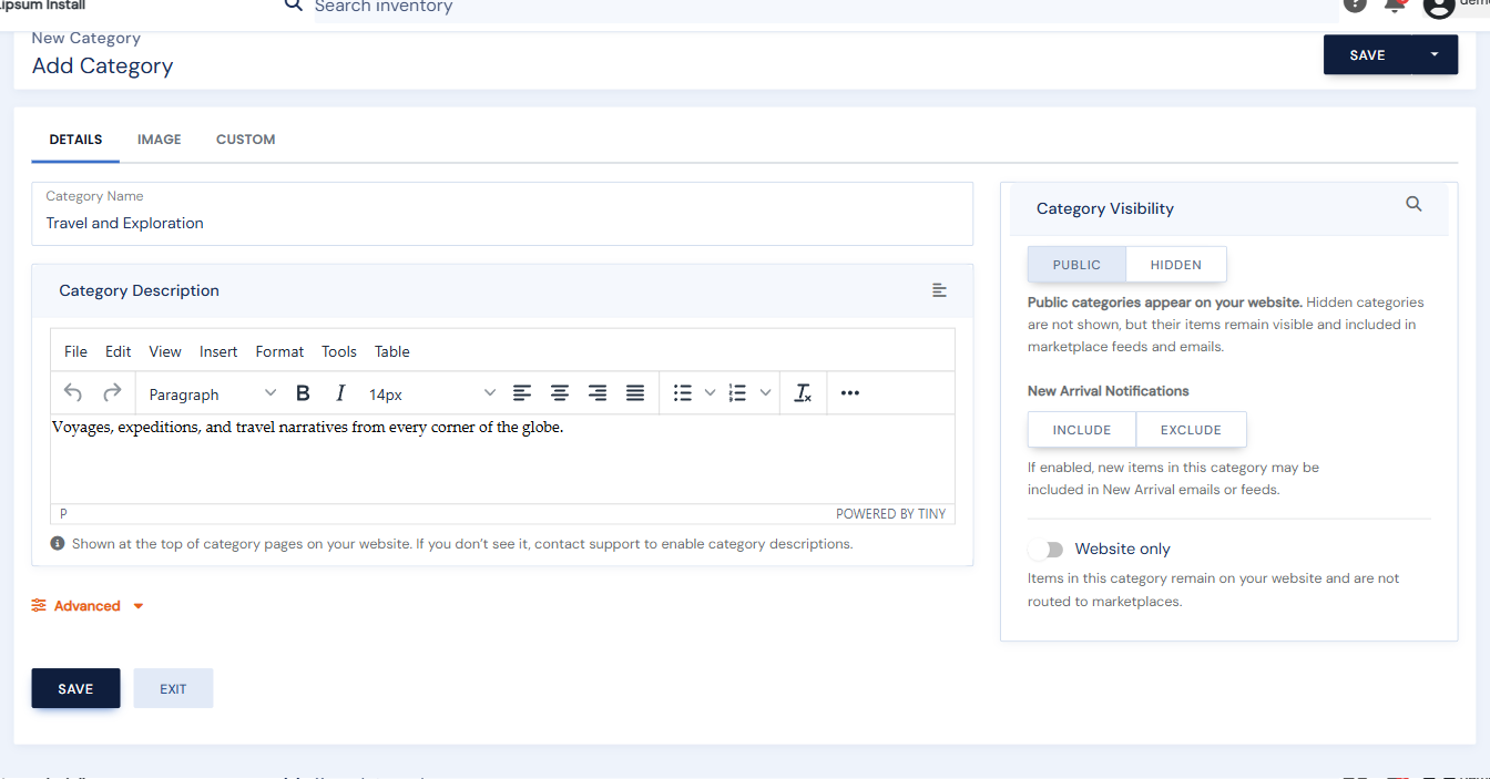 The Add Category form filled in with a name and description