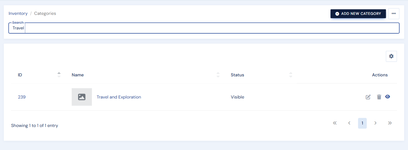 The Categories list filtered by a search term
