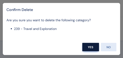 The Confirm Delete dialog listing the category to be removed