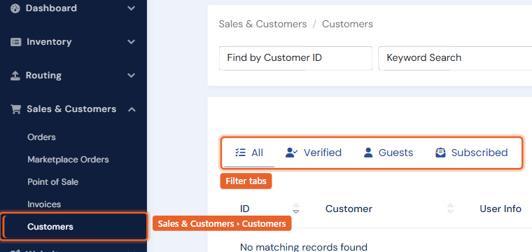 The Customers list with its filter tabs (All, Verified, Guests, Subscribed) and search