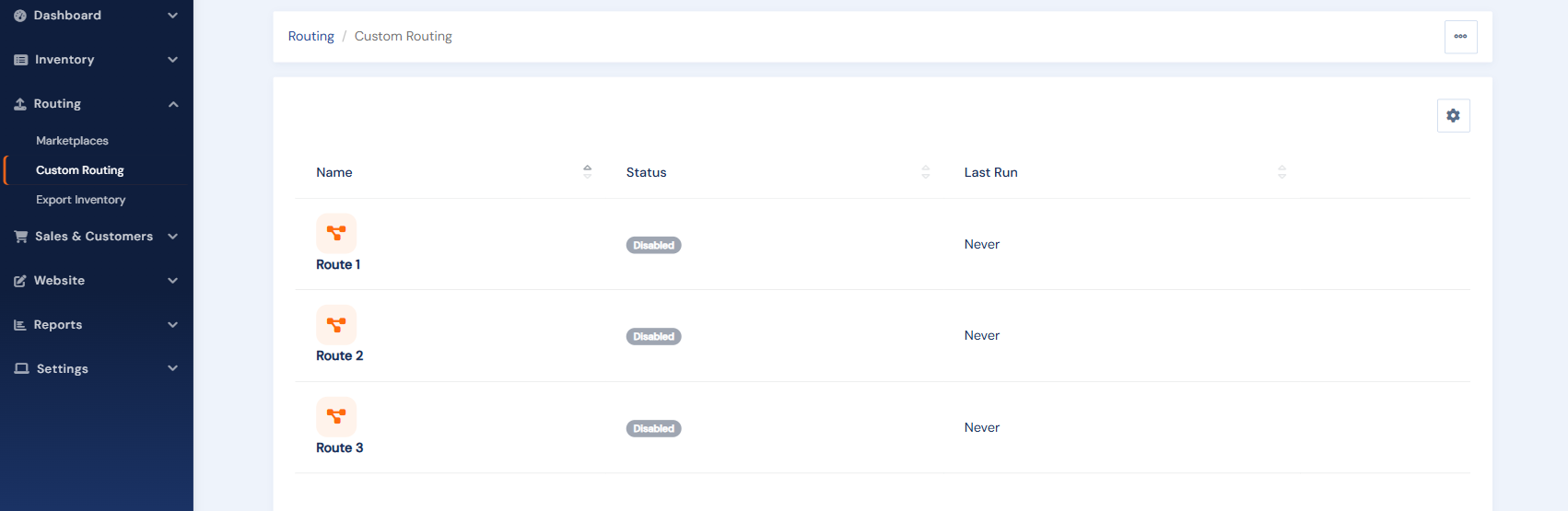 The Custom Routing page listing the three configurable routes with their status and last run