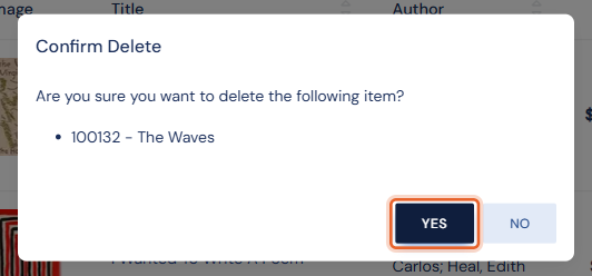 The Confirm Delete dialog naming the item, with the Yes button highlighted