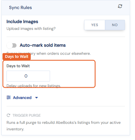 The Sync Rules card on a marketplace settings page, with the Days to Wait field