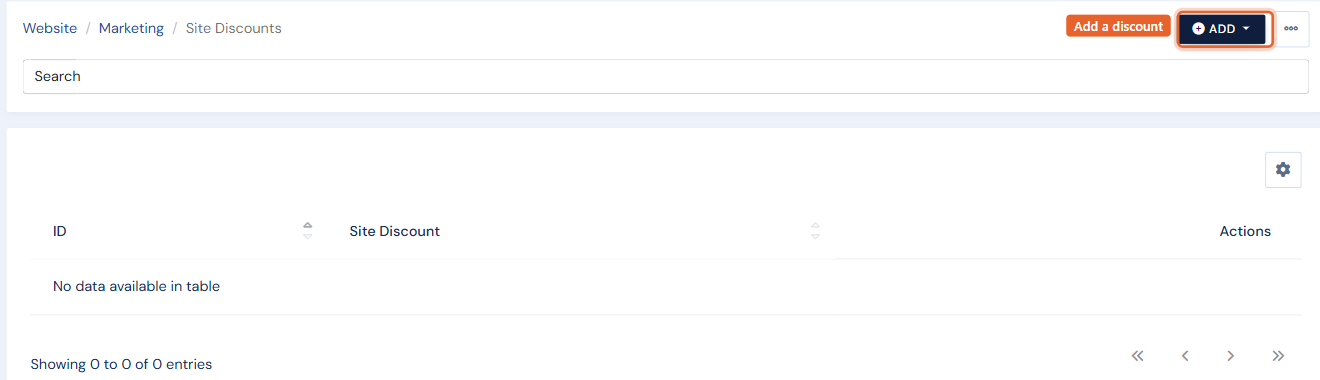The Site Discounts list with the Add button and per-row actions