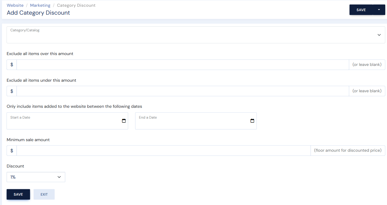 The Add Category Discount form: scope, price exclusions, date range, minimum sale amount, and discount percentage