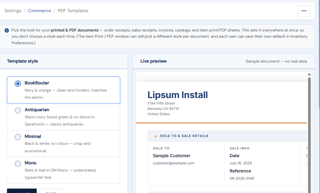 The Template style picker and the live preview