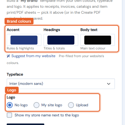 The Your Brand card with the brand colour pickers and the logo choice highlighted
