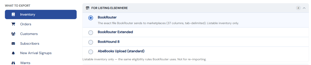 The Export Data page listing formats: BookRouter, BookRouter Extended, BookHound 8, and AbeBooks Upload