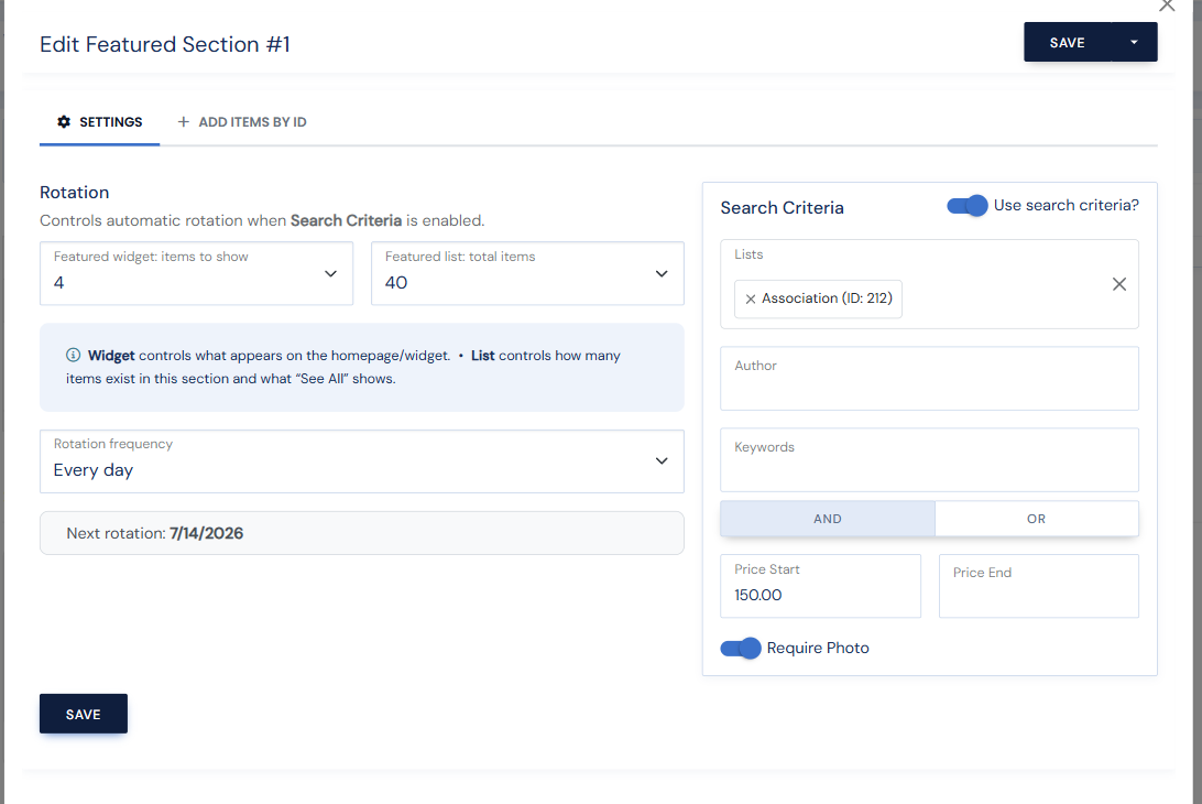 The Edit Featured Section modal: rotation and count dropdowns on the left, the Search Criteria panel on the right, and the Add Items by ID tab