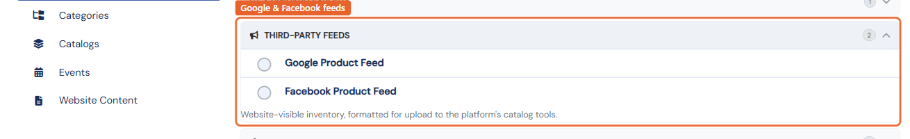 The Third-party feeds group on the Export Data page: Google Product Feed and Facebook Product Feed