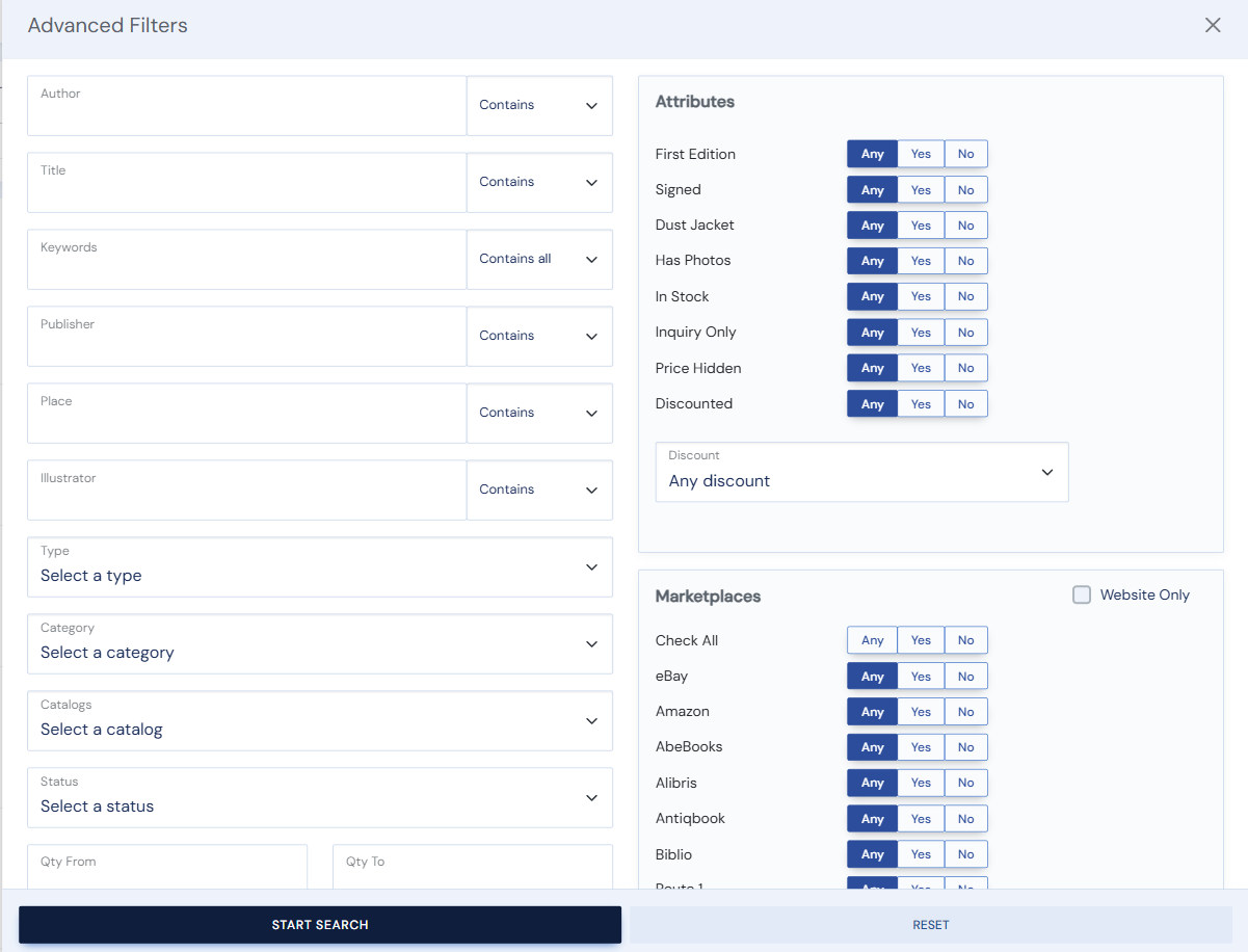 The Advanced Filters panel with its field, attribute, and marketplace filters