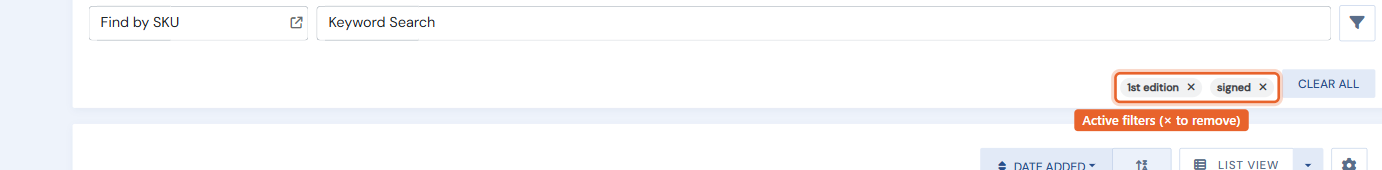 Active-filter chips above the list, each with an x to remove it, and a Clear All link