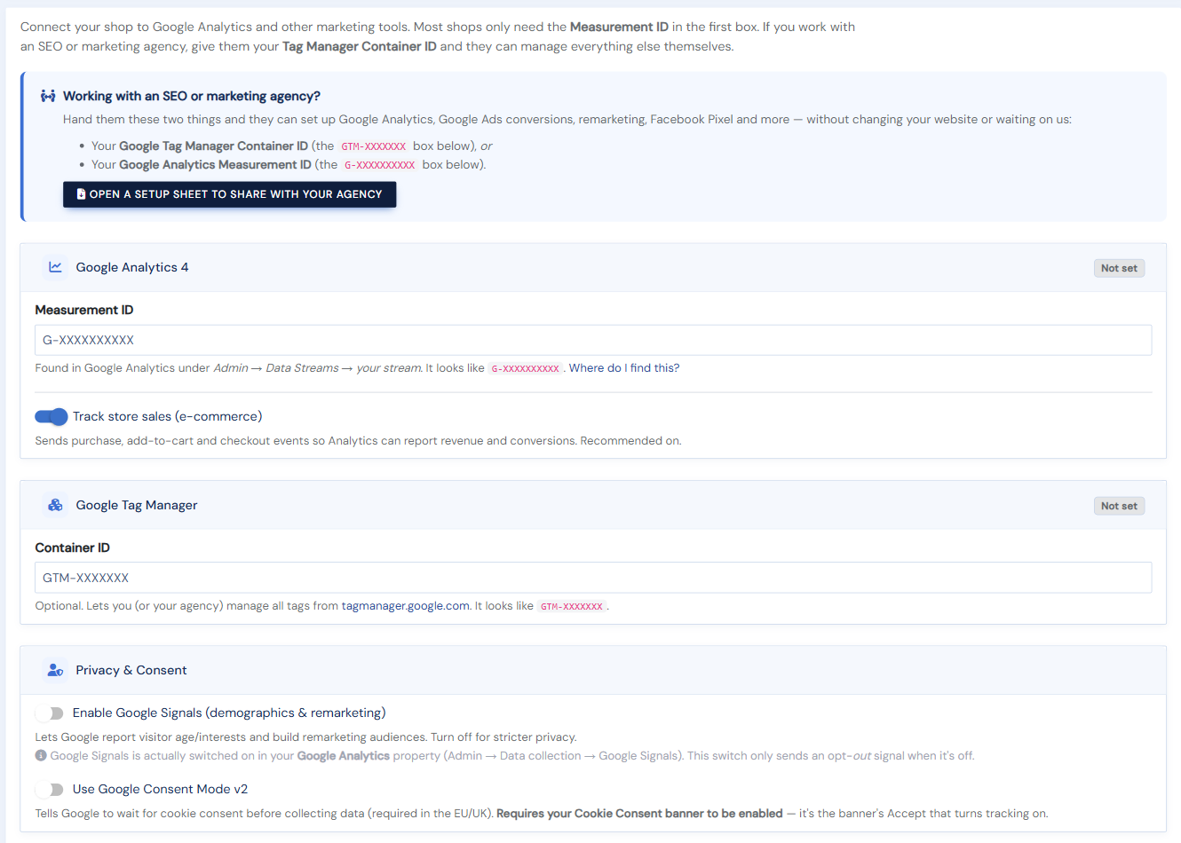 The Analytics & Marketing Tags page: GA4 Measurement ID, Google Tag Manager, Privacy & Consent, and Google Ads