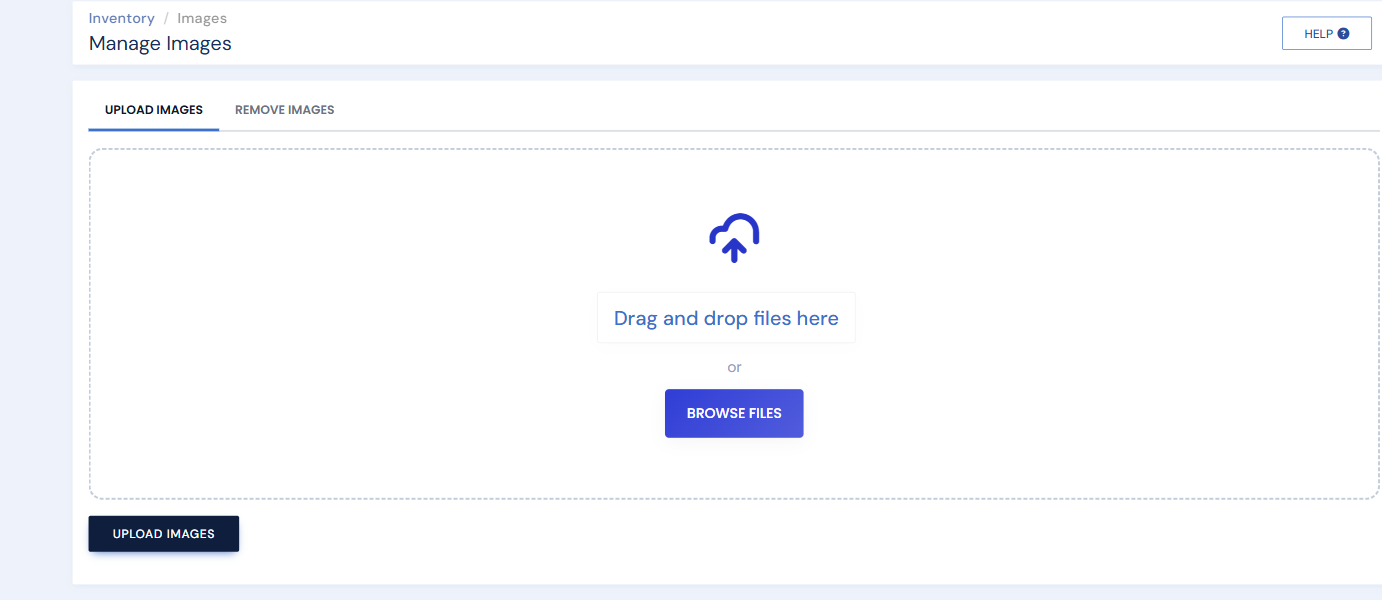 The Manage Images page, Upload Images tab: the drag-and-drop area, Browse Files, and Upload Images button
