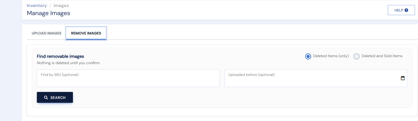 The Remove Images tab: Deleted-only vs Deleted-and-Sold, Find by SKU, Uploaded-before date, and Search
