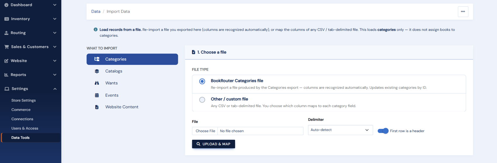 The Import Data page: a What to Import rail and the Choose a file step with format, delimiter, and header options