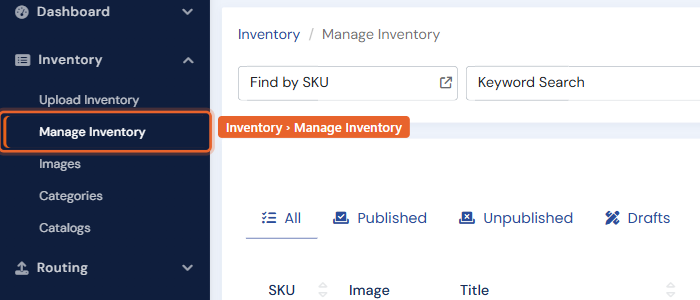 The Inventory menu expanded with Manage Inventory highlighted