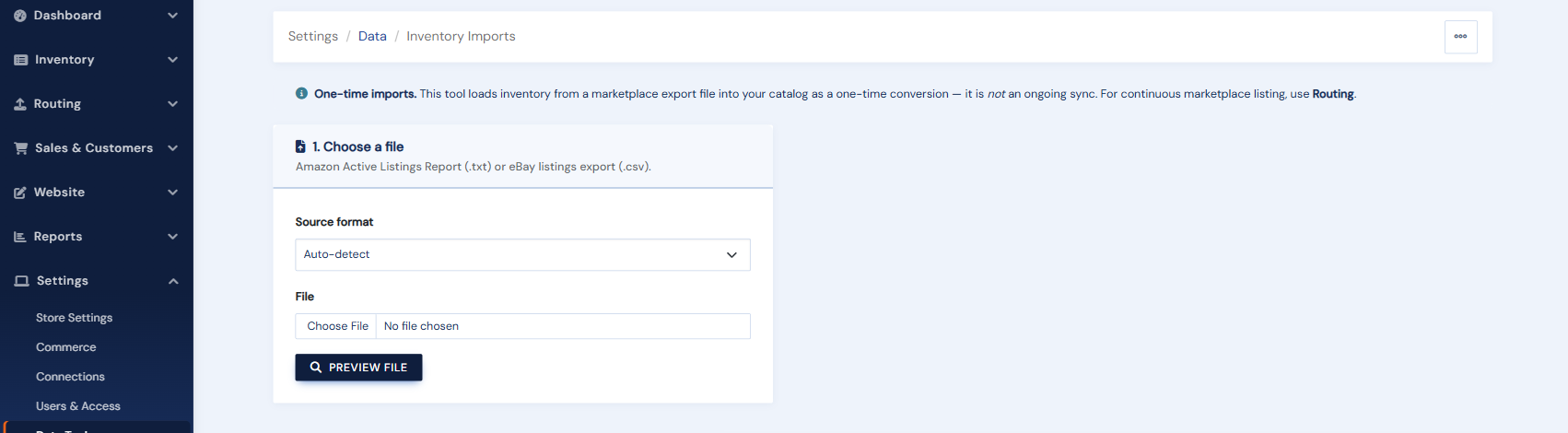 The Inventory Imports tool: choose a source format (Amazon or eBay) and upload the export file to preview