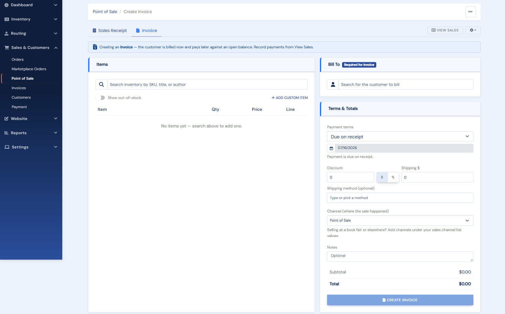 The invoice register: Items, a required Bill To customer, and Terms & Totals with payment terms and a due date