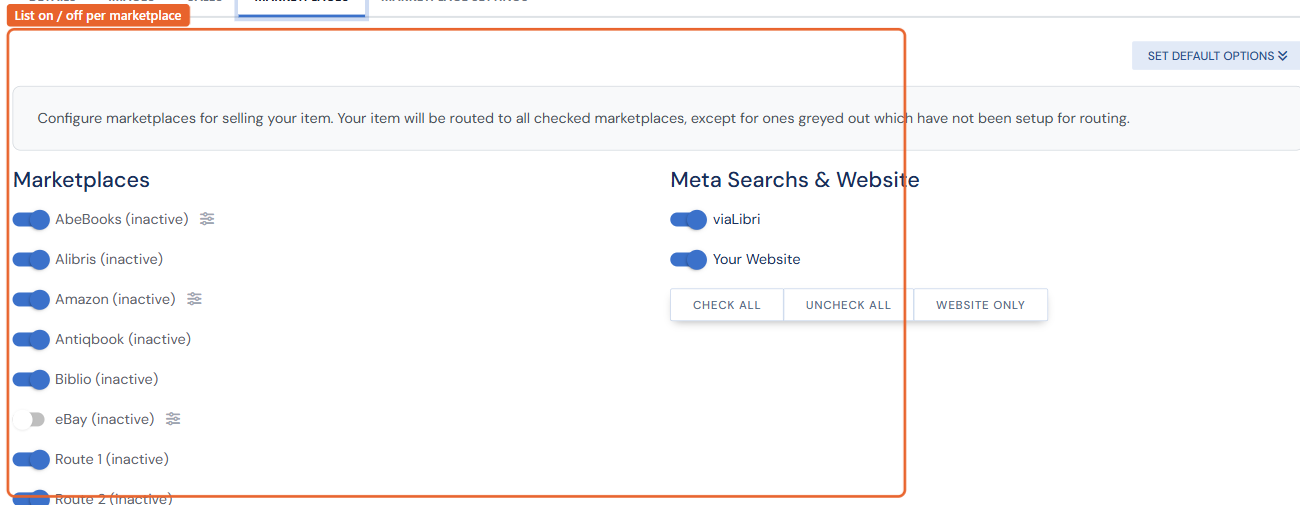 The Marketplaces tab on the item edit page, with a toggle for each marketplace plus Meta Searches and Website