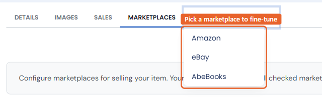 The Marketplace Settings menu on the item edit page listing Amazon, eBay, and AbeBooks
