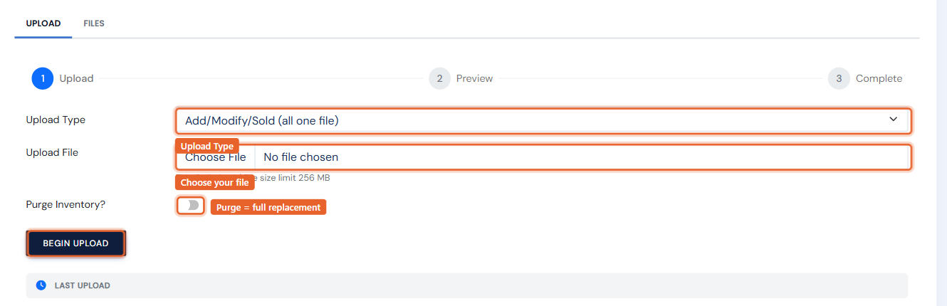 The Upload Inventory wizard: Upload Type, Choose File, the Purge Inventory toggle, and Begin Upload