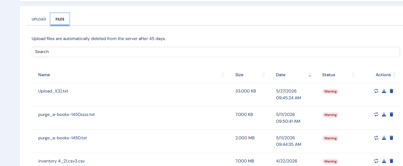 The Files tab listing recently uploaded files with re-import, download, and delete actions
