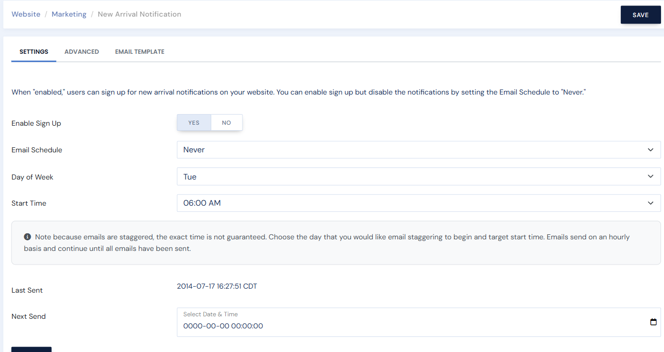 The New Arrival Notification Settings tab: schedule, day, time, Last Sent, and Next Send