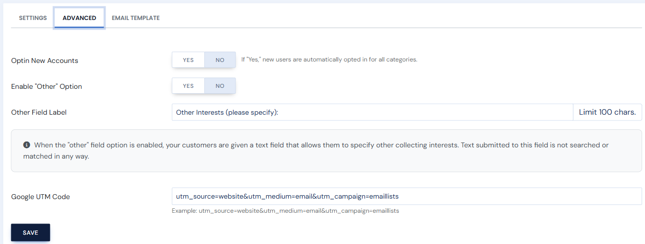 The New Arrival Notification Advanced tab: Optin New Accounts, Other option, and Google UTM code