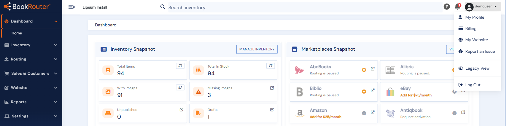 The left navigation with its sections, the top-bar search, and the account menu open at the top right