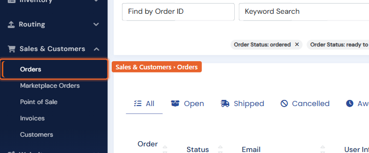The Sales & Customers menu with Orders highlighted