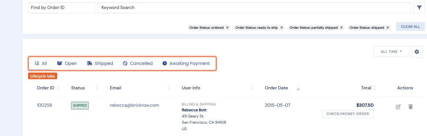 The Orders list with its lifecycle tabs, search, and filter chips