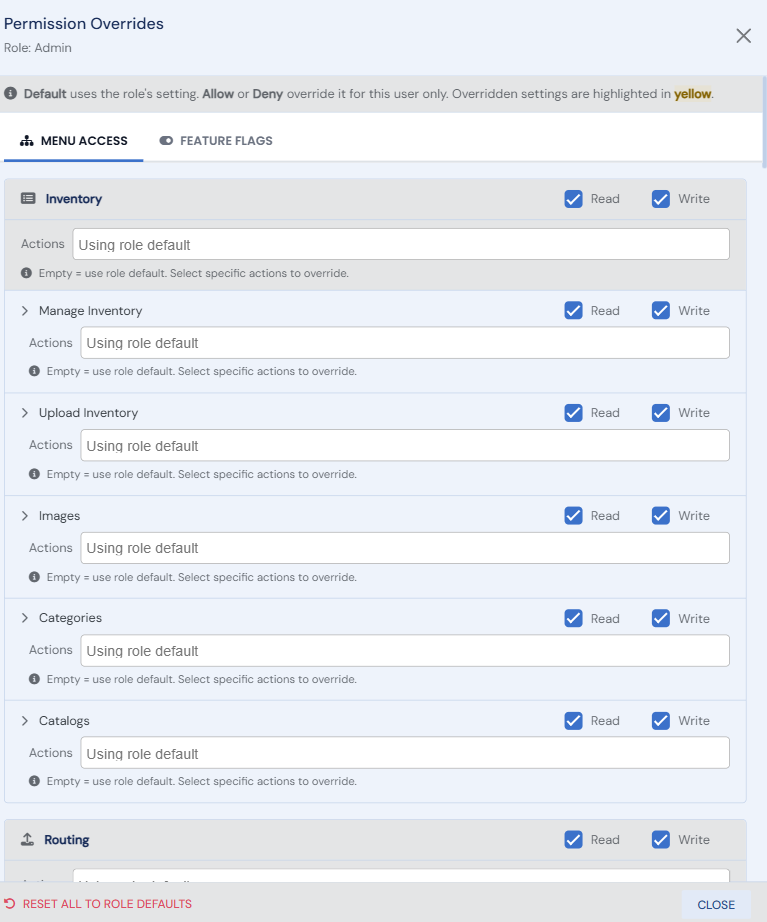 The Permission Overrides panel: Menu Access with per-section Read/Write toggles, plus a Feature Flags tab
