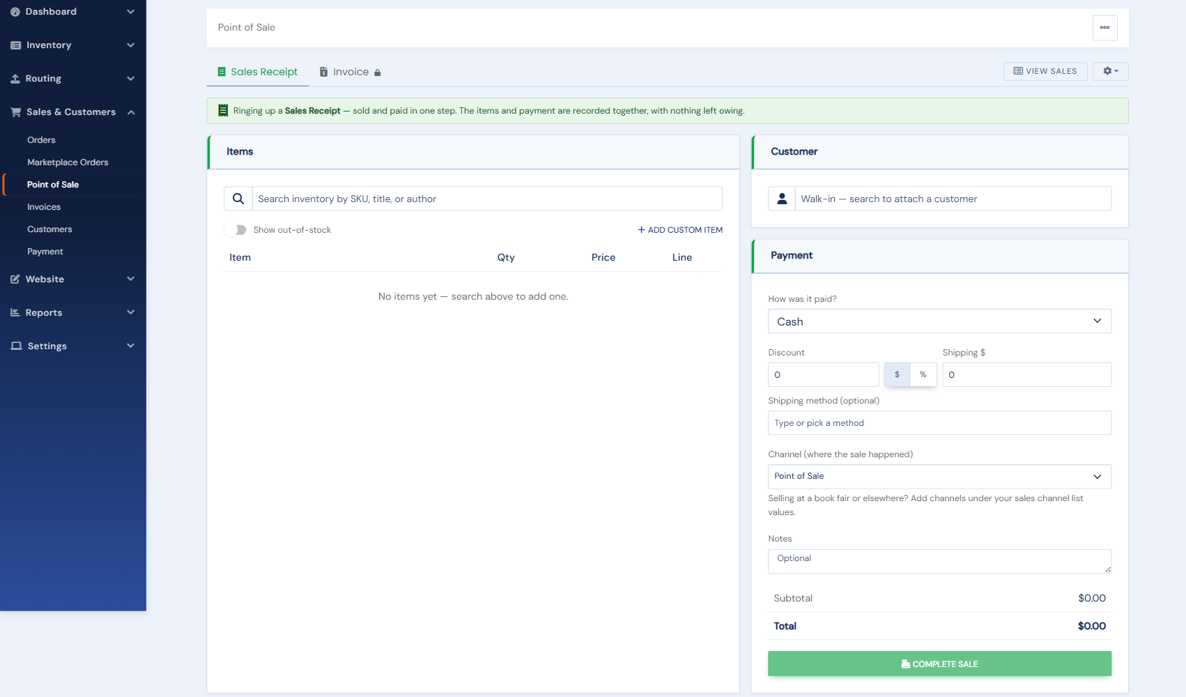 The Point of Sale register: item search, customer, and payment panels with a Complete Sale button