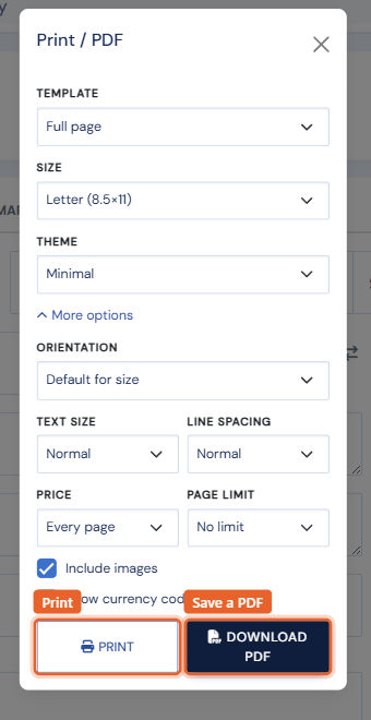The Print / PDF window with template, size, theme, and the expanded options, plus the Print and Download PDF buttons