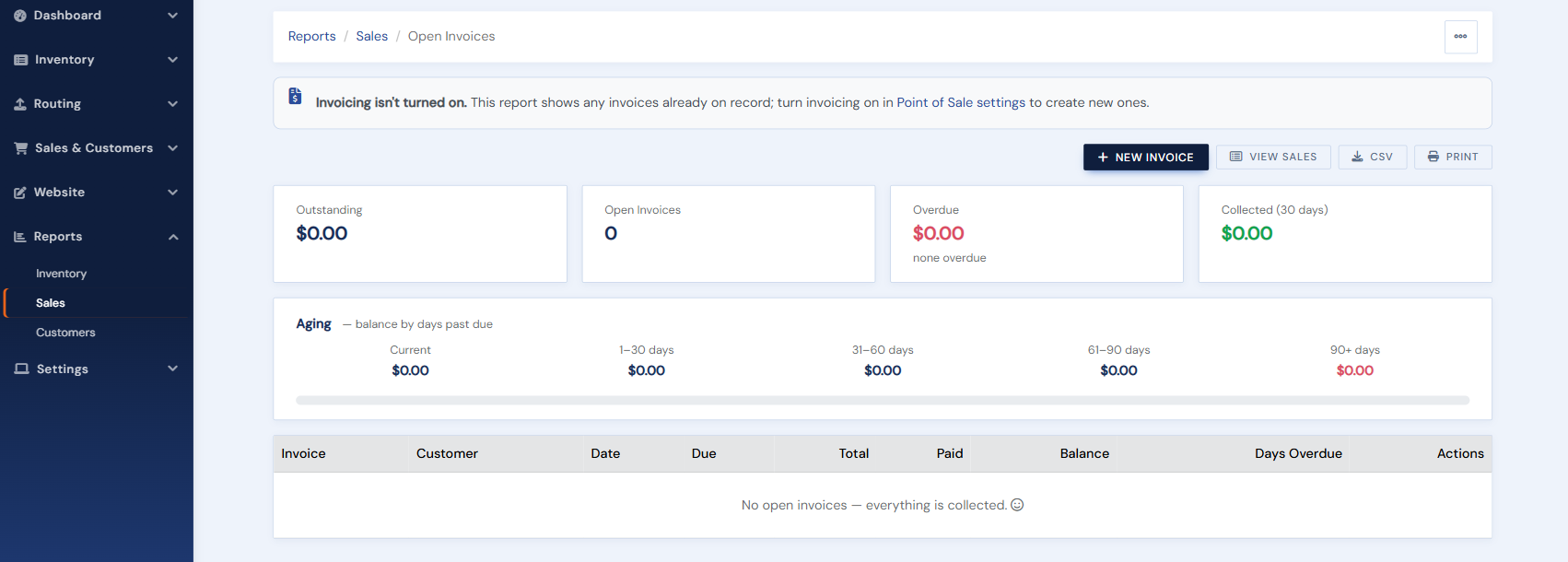 The Open Invoices report: outstanding/overdue KPIs and the aging view by days past due