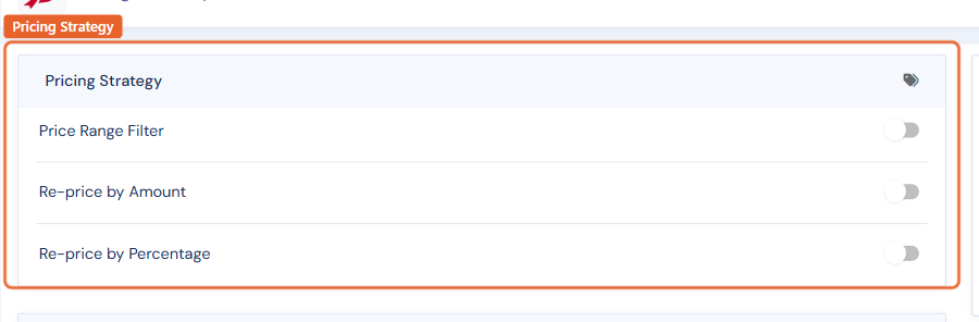 The Pricing Strategy card on a marketplace settings page: Price Range Filter, Re-price by Amount, and Re-price by Percentage